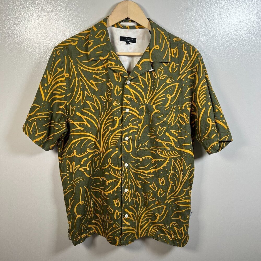 Ted Baker Viktor Linen Blend Short Sleeve Top Size 4 US Large Green Floral